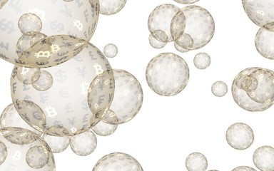 Bitcoin economic financial bubble. Cryptocurrency 3D illustration. Business concept. Golden bubbles on a white background