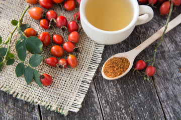 Medicinal plants and herbs composition: Dog rose, bunch branch Rosehips, types Rosa canina hips, essential oil. bunch, dried flowers of linden and chamomile elderberries and goji berries.