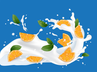 Juice milk yogurt orange slices splashing. Orange leaf. Juicy orange splash packaging template. Falling slices.