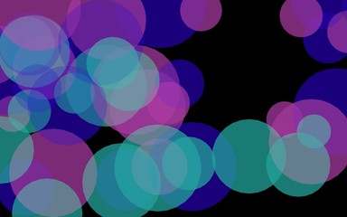 Multicolored translucent circles on a dark background. Green tones. 3D illustration