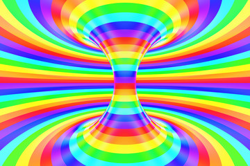 Rainbow funny spiral tunnel. Striped twisted cheerful optical illusion. Abstract background. 3D render.