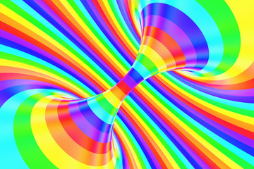 Rainbow funny spiral tunnel. Striped twisted cheerful optical illusion. Abstract background. 3D render.