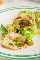 Mix salad with chicken and pine nuts. Close-up