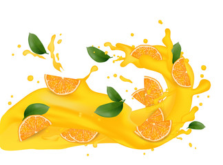 Juice milk yogurt orange slices splashing. Orange leaf. Juicy orange splash packaging template. Falling slices.