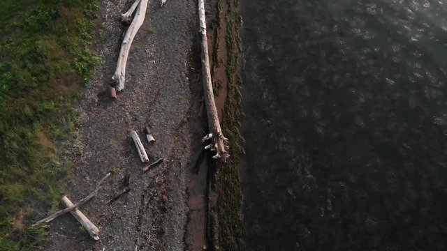 Overhead drone shot of the sea and the beach with an orizontal movement of camera.
