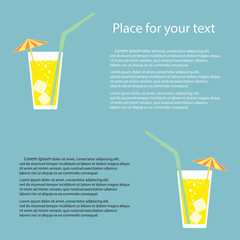 A glass of lemonade, a soda with ice and a cocktail umbrella. Lemon juice. A glass of lemon cocktail with a straw. Vector illustration on isolated background with space for your text.