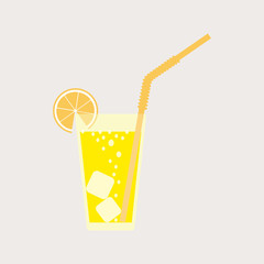 A glass of lemonade, a soda with ice. Lemon juice. A glass of lemon cocktail with a straw. Vector illustration isolated on light background.