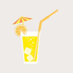 A glass of lemonade, a soda with ice and a cocktail umbrella. Lemon juice. A glass of lemon or orange cocktail with straw. Vector illustration isolated on light background. Element for your design.