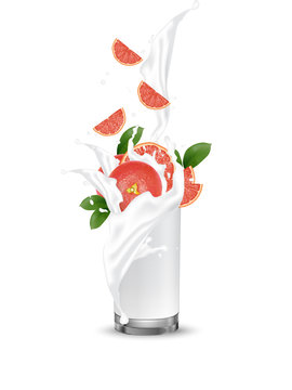 Grapefruit splash illustration. Splashing milk juice in glass. Cocktail falling pink slices isolated on white background. Orange. Advertisement banner. Product design. Vector