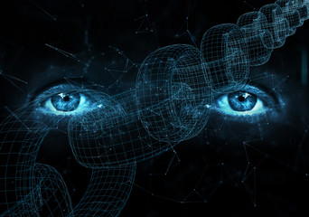 Close up of human eyes on digital computer blockchain chain background.