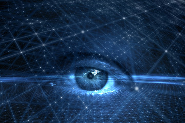 Close up of human eye on futuristic cyberspace network background.
