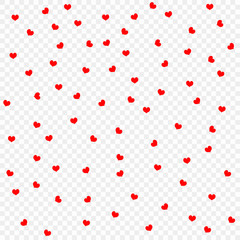 Red heart petals background, isolated on transparent background, design element template. Valentine's day, confetti hearts. Vector illustration.