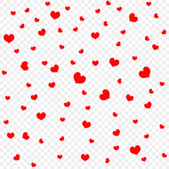 Red heart petals background, isolated on transparent background, design element template. Valentine's day, confetti hearts. Vector illustration.
