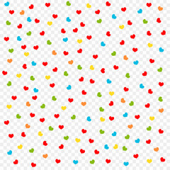 Falling multicolored hearts, petals background, isolated on transparent background, pattern design element. Valentine's day, confetti hearts. Vector illustration.