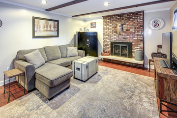 Basement living room space with fireplace