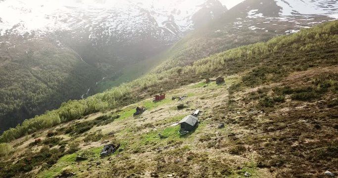 Aerial footage of cabins in the Norwegian mountainside.
