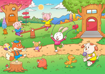 Obraz premium Vector illustration with cute forest animals in a children's style. A set of mammals in the forest. cartoon illustration of wild animals living in the tree house, tree hollow