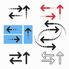 Set of arrows of different shapes in flat style. Isolated on a light background. Information, direction indicators. Vector design elements.