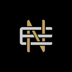 Initial letter E and N, EN, NE, overlapping interlock logo, monogram line art style, silver gold on black background