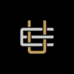 Initial letter E and U, EU, UE, overlapping interlock logo, monogram line art style, silver gold on black background