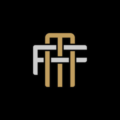 Initial letter F and M, FM, MF, overlapping interlock logo, monogram line art style, silver gold on black background