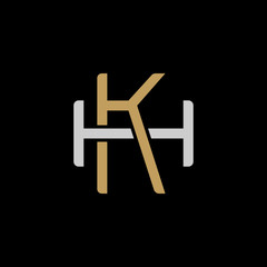 Initial letter H and K, HK, KH, overlapping interlock logo, monogram line art style, silver gold on black background