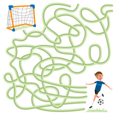 Labyrinth logic maze game for kids. Help football soccer player to find the way to goalposts. Vector illustration colorful isolated on white background ready for print in children’s magazine or book