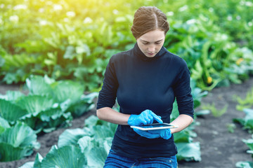 Woman specialist agronomist holding a tablet. Concept of agricultural farms and quality control