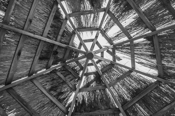 beach, sea, ocean, sky, hut, tropical, travel, blue, water, summer, vacation, sand, house, island, nature, resort, landscape, coast, roof, umbrella, tourism, sun, paradise, relax, parasol