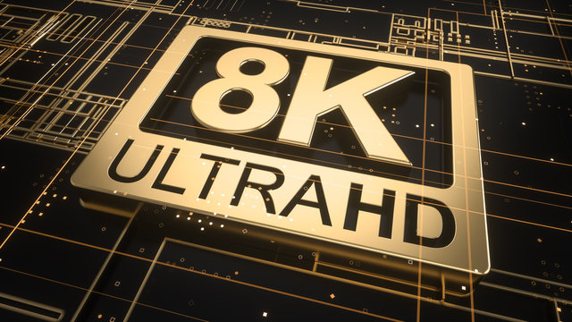 8K ultra hd symbol on abstract electronic circuit board. Television technology concept of ultra high definition sign on digital background with many lines and geometric elements. 3d rendering