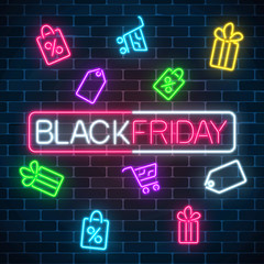 Glowing neon sign of black friday sale in rectangle frame with shopping symbols. Seasonal sale web banner.