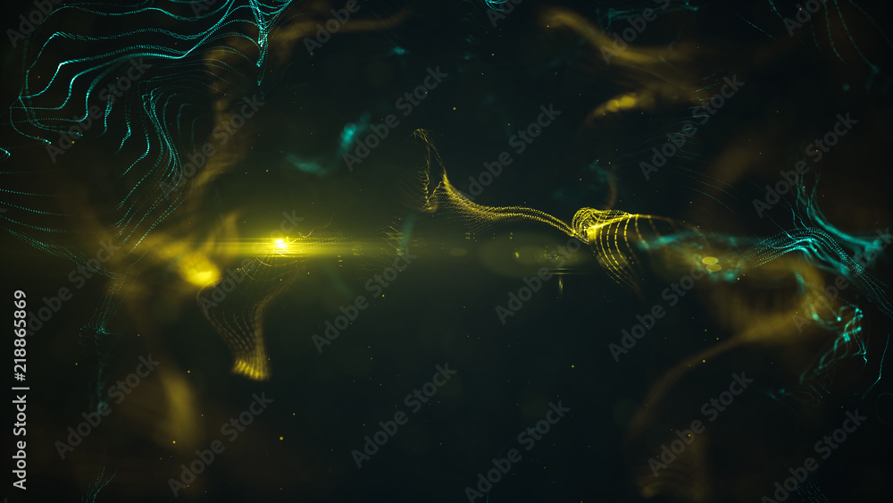 Poster abstract wavy structure with millions of glowing particles. blurred magic background with luminous d