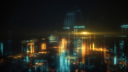 Obraz premium Digital abstract city made of glowing dots. Business skyscrapers. Hologram buildings. Architectural technology structure of luminous lines and particles. Connection concept. 3d rendering
