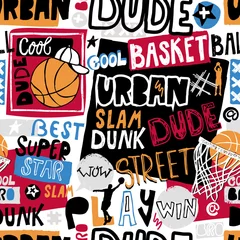 Wallpaper murals Graffiti Vector sketch basketball seamless pattern for boys, cool dude, bro, urban. Hand-drawing lettering, slogan. Print grunge design for T-shirts, banners, flyers, children's party, clothes, social media.