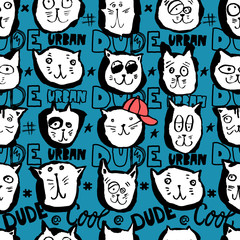 Vector sketch seamless pattern with funny cats' faces for boys. Urban, cool dude. Hand-drawing lettering, slogan. Print design for T-shirts, banners, flyers, children's party, clothes, social media.
