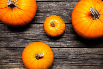 Four pumpkin on old dark wooden background. Autumn card