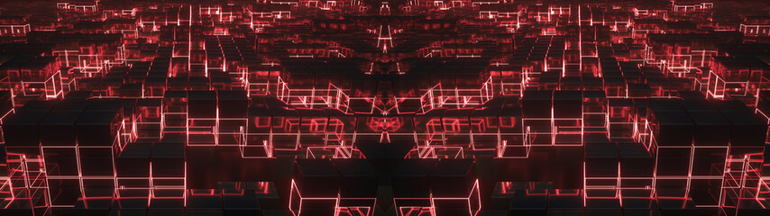 Lots of shining metal cubes with glowing grid lines.Abstract background with digital technology connection concept. Structure similar to night city with aerial perspective effect. 3d rendering