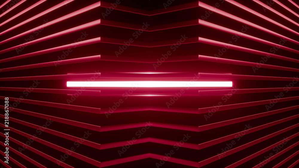Poster geometric background made of many metal shelves with glowing light behind. abstract symmetric indust