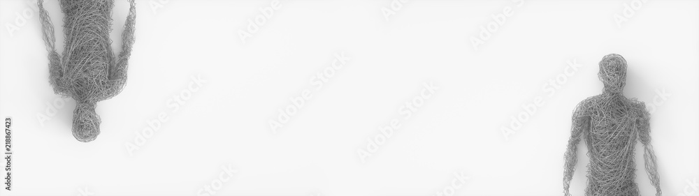 Poster abstract symmetric mannequins made of metal plexus wire on white background. concept of the modern d