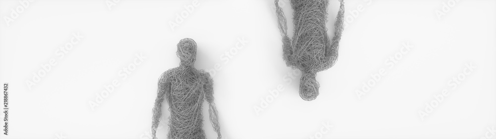 Poster abstract symmetric mannequins made of metal plexus wire on white background. concept of the modern d