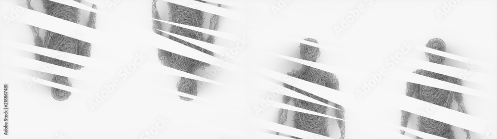 Poster abstract symmetric mannequins made of metal plexus wire on white background. concept of the modern d