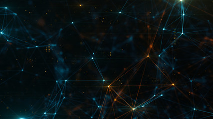 Abstract plexus structure of many glowing lines and particles. Connection concept. Creative technological background with digital composition and optical flares. 3d rendering