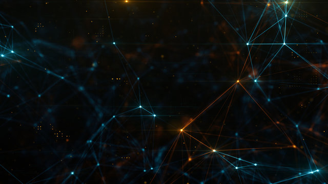 Abstract plexus structure of many glowing lines and particles. Connection concept. Creative technological background with digital composition and optical flares. 3d rendering