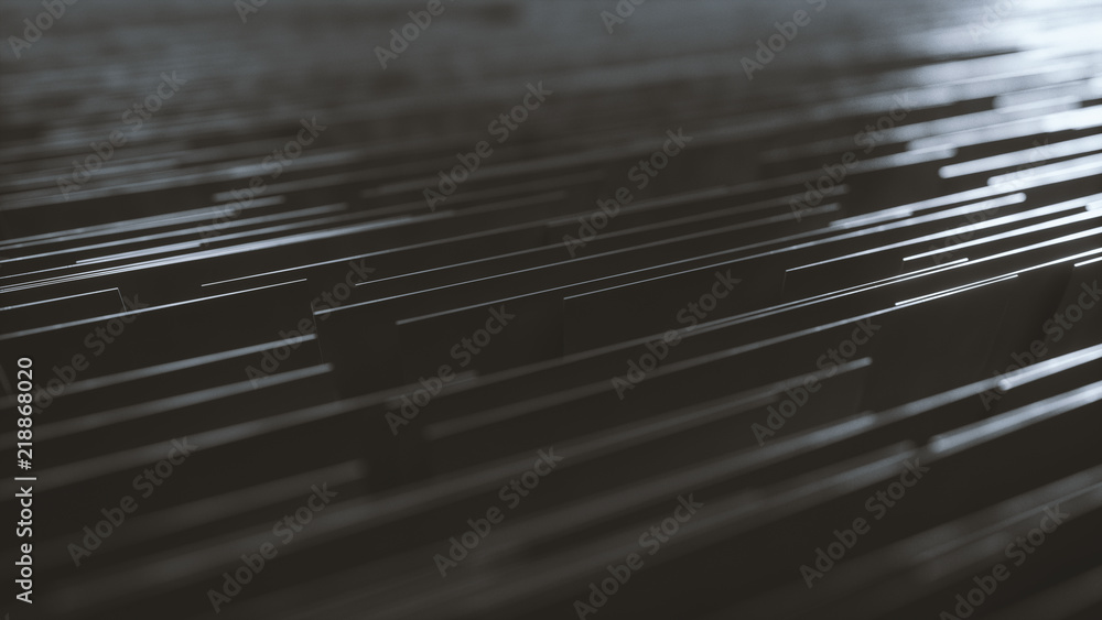Poster geometric background made of many metal walls with glowing light above and depth of field effect. ab