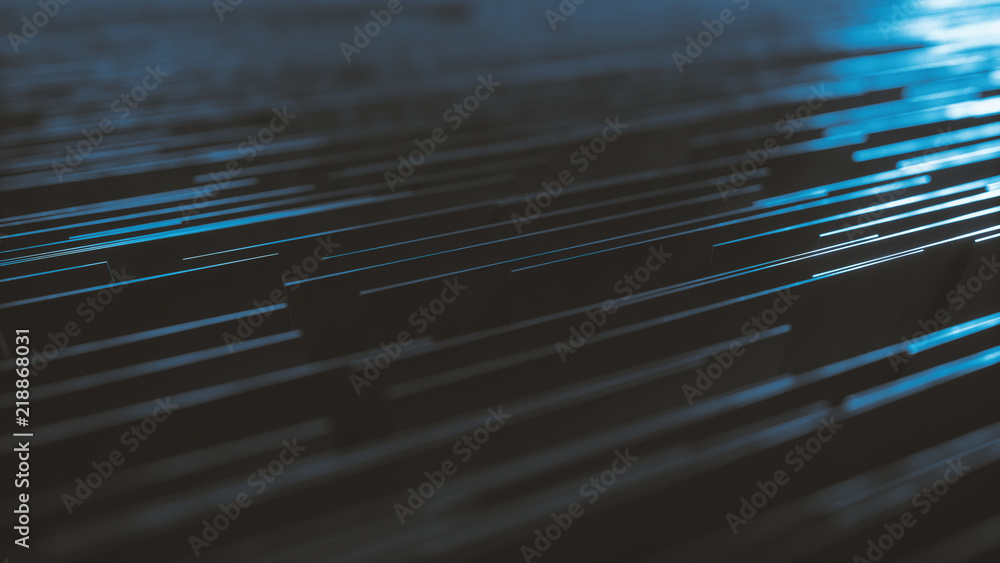 Poster geometric background made of many metal walls with glowing light above and depth of field effect. ab