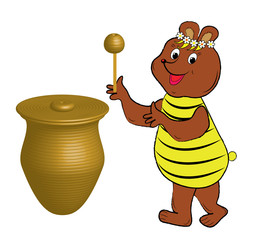 Brown bear in a suit bees eat the honey to the pot. Vector.