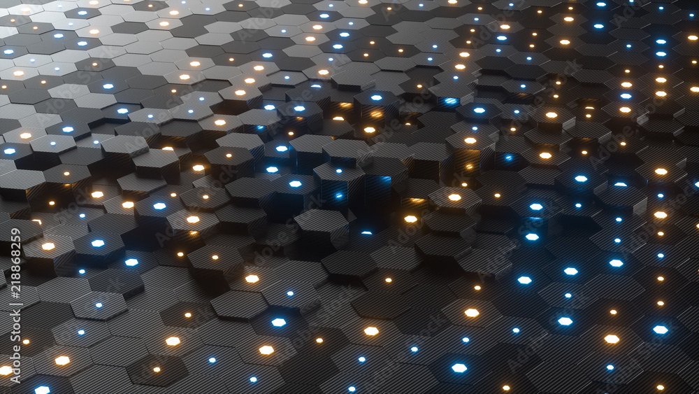 Poster abstract hexagonal geometric background. structure of lots of hexagons of carbon fiber with small gl