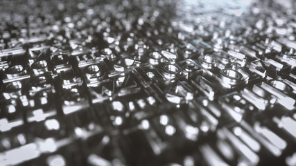 Fototapeta premium Letterpress background from many glossy metal different letters and fonts with depth of field effect and grunge texture. 3d rendering