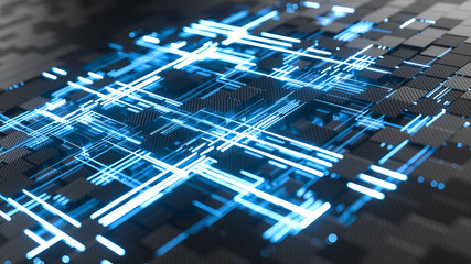 Abstract cubic geometric surface. Connection concept. Structure of lots of carbon fiber blocks with digital glowing lines. Dark and luminous geometric elements with depth of field effect. 3d rendering