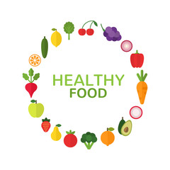 Healthy food concept. Diet and organic food template with flat fruits, vegetables and copyspace. Fresh vegetables and fruits design. Vector illlustration